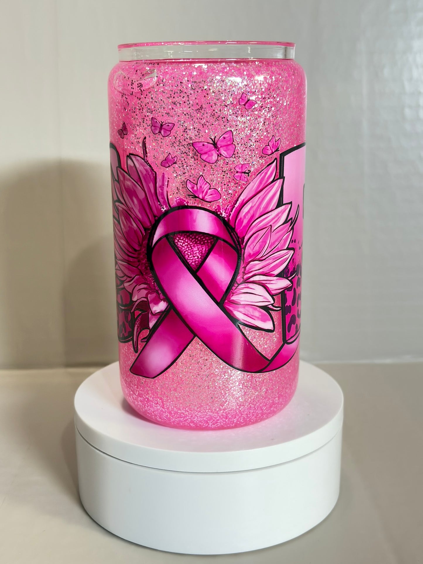 16oz Glass Breast Cancer snow globe cup