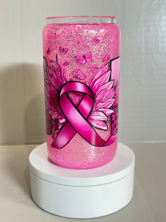 16oz Glass Breast Cancer snow globe cup